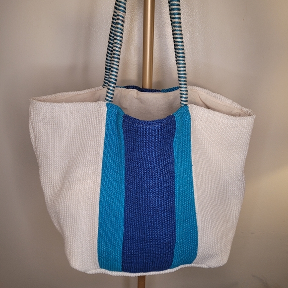 MixIt Multicolor Jute & Cotton Large Tote Bag Blue and Cream Tote Bag - Picture 4 of 15